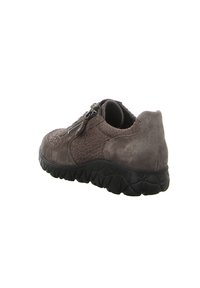 Brown suede shoe with a textured pattern, featuring a zip closure, a chunky black rubber sole, and a rounded heel.