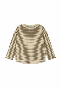 Maglietta a maniche lunghe a righe nei toni crema e marrone, con scollo rotondo e dettagli a bottone sulla spalla. Tessuto in cotone morbido.