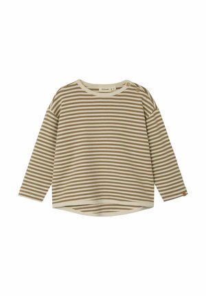 Maglietta a maniche lunghe a righe nei toni crema e marrone, con scollo rotondo e dettagli a bottone sulla spalla. Tessuto in cotone morbido.