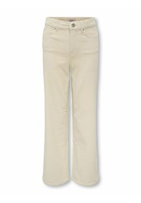 Pantalon en velours côtelé beige avec fermeture à bouton à l'avant, passants de ceinture et design à cinq poches, présenté sur un fond blanc.