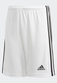 Shorts deportivos blancos hechos de una tela ligera, con un diseño de tres rayas negras en los lados y un pequeño logo de Adidas en negro.