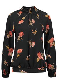 Blusa nera a maniche lunghe con polsini e scollatura elasticizzati, caratterizzata da un motivo floreale in tonalità arancioni e gialle.