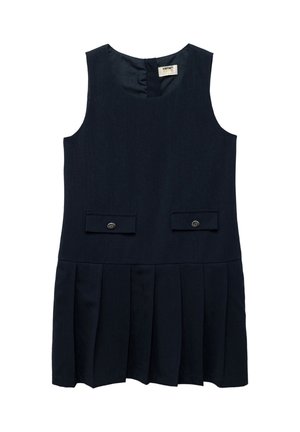 Abito da uniforme scolastica senza maniche di colore blu navy con gonna plissettata e due tasche frontali a pattina con bottoni.