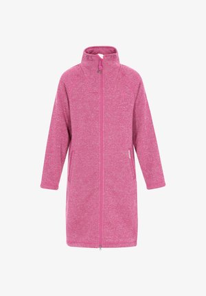 Dlouhá růžová fleecová bunda s plným předním zipem, límcem na šňůrku, dlouhými rukávy a kapsami na zip po stranách.
