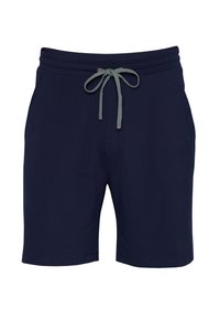 Laivastonsiniset rennot shortsit, joissa on joustava vyötärönauha ja harmaa nyöri, sivutaskut ja polvenpituinen helma.