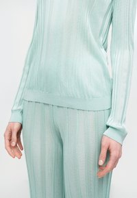 Ένα πλεκτό σύνολο σε ανοιχτό πράσινο μέντας με κάθετο ριμπ, μακριά μανίκια και στενά παντελόνια με ριμπ ζώνη μέσης, που αποπνέει απαλή υφή.