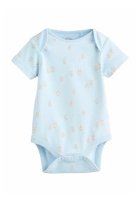 Heleda sinine lühikeste varrukatega beebibody, millel on väikesed karupoegade mustrid ja nööp sulguri all.