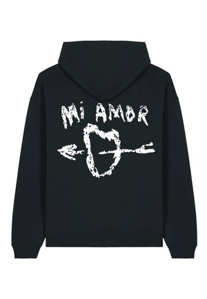 Black hoodie featuring white text "Mi Amor" and a heart with an arrow graphic on the back. Made of soft fabric with a relaxed fit.