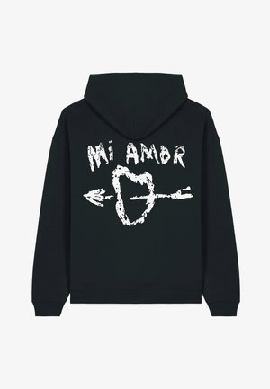 Black hoodie featuring white text "Mi Amor" and a heart with an arrow graphic on the back. Made of soft fabric with a relaxed fit.