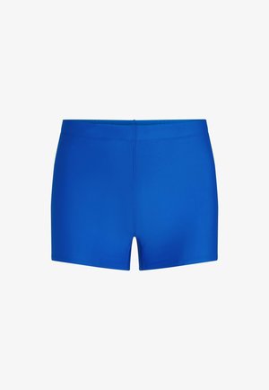 Blaue Badeshorts aus dehnbarem Stoff, mit einem flachen Bund und nahtlosen Seiten. Schlichtes Design ohne Muster oder Verzierungen.