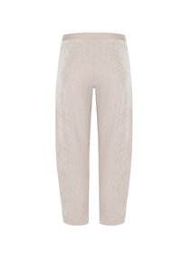 Lichtbeige broek met ribbelstructuur, elastische tailleband en cropped rechte pijpen, gezien van achteren tegen een witte achtergrond.