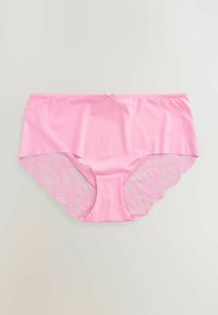 Rosa hipster-underkläder med en slät front och spetsdetaljer på sidorna med blommönsterutskärningar. Inkluderar en liten detalj av satinrosett i midjan.