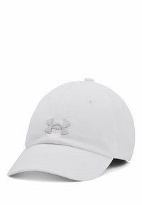 Hvid kasket med en rund skygge, lavet af struktureret stof. Udstyret med et gråt broderet logo på fronten og ventilationshuller.