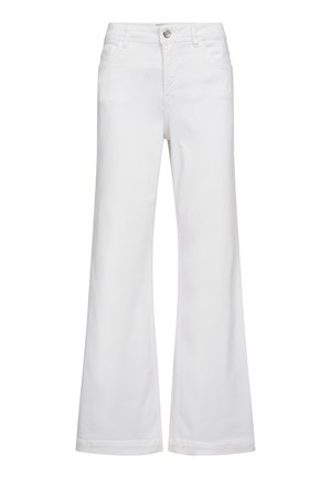 Witte, hoog getailleerde broek met wijde pijpen, vooraan met knoop- en ritssluiting, lussen voor riem en zijzakken, weergegeven op een effen witte achtergrond.