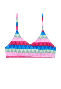 Kleurrijke driehoekige bikini-top met een geometrisch patroon in roze, blauw en groen. Heeft dunne bandjes en een naadloos ontwerp.