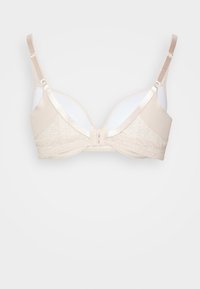 Reggiseno beige con dettagli in pizzo, coppe sagomate, spalline regolabili e chiusura a gancio. Texture liscia con accenti in satin.