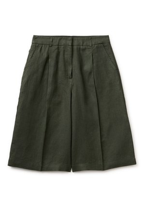 Donkergroene shorts met hoge taille en wijde pijpen, riemlussen, voorplooien, zijzakken en een verborgen ritssluiting aan de voorkant, plat liggend op een witte achtergrond.