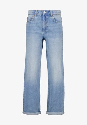 Vaaleansiniset farkut olemukseltaan suorat lahkeet, käännetyt hihaosat, etutaskut ja nappisuljenta. Sileä pinta, jossa on haalistunut viimeistely.