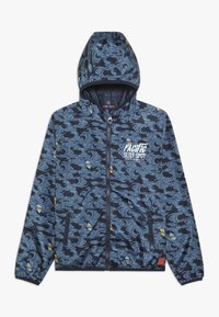 Marineblaue Kapuzenjacke mit Wellen- und Surfbrettmuster, vorderem Reißverschluss, Reißverschlusstaschen und weißem Text "Pacific Surf Spot" auf der Brust.