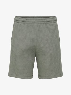Grå teksturerede stofshorts med elastisk talje, ingen synlige lommer eller logoer, vist mod en hvid baggrund.