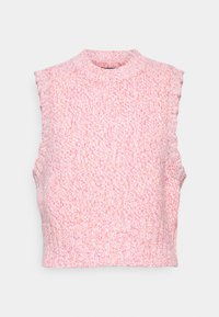 Vaaleanpunainen ja valkoinen neulottu ilmanhiha-aloitusliivi, jossa on röyhelöidyt hiusholkit sekä ribbireunat helmoissa ja kauluksessa, esitetty litteänä.