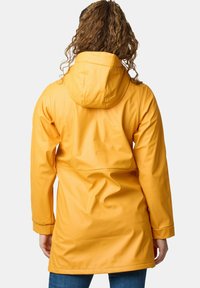 Yellow waterproof jacket with a hood, featuring a smooth texture, adjustable cuffs, and a mid-length design. Back view shows minimal detailing.