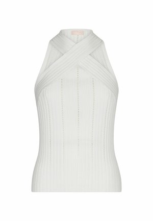 Witte geribbelde haltertop met kruislings straps. Kenmerkt zich door verticale textuur en kleine knoopachtige details. Gemaakt van lichtgewicht materiaal.