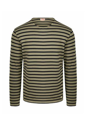 Langärmeliges Rundhals-Shirt mit olivgrünen und schwarzen horizontalen Streifen und einem kleinen Etikett nahe dem unteren Saum.