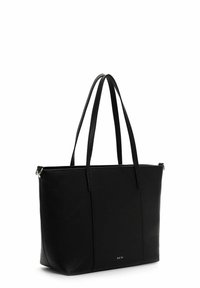 Borsa a tracolla in pelle nera con superficie texture, doppi manici lunghi e dettagli in metallo argentato. Design semplice con un interno spazioso.