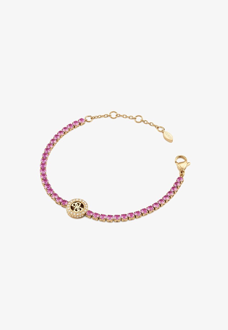 Gold-tone bracelet featuring alternating pink crystals and a center circular charm embellished with a pattern and clear stones.