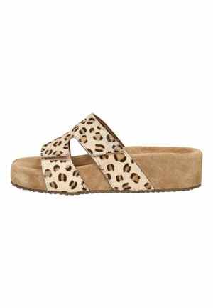 Platform slide sandal with tan suede sole and wide leopard-print straps crossing the top, open-toe design.