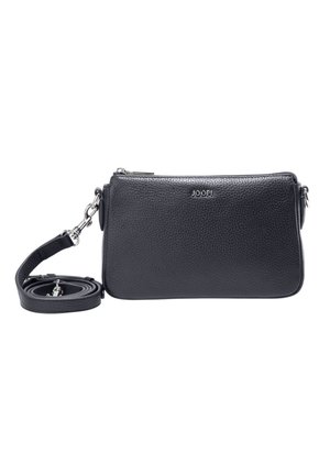 Sort textured læder crossbody taske med sølv lynlås og aftagelig rem, med lille metal brandlogo foran.
