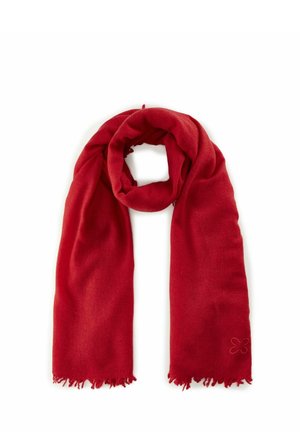 Écharpe rouge en tissu doux, avec des bords effilochés et un petit logo brodé. Conçue pour s'enrouler confortablement autour du cou.