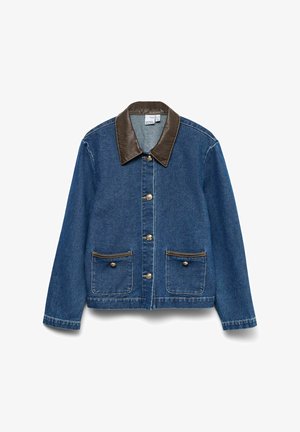Denim jacket in dark blue with a brown leather collar. Features gold-button closure and two front pockets with brown trim.