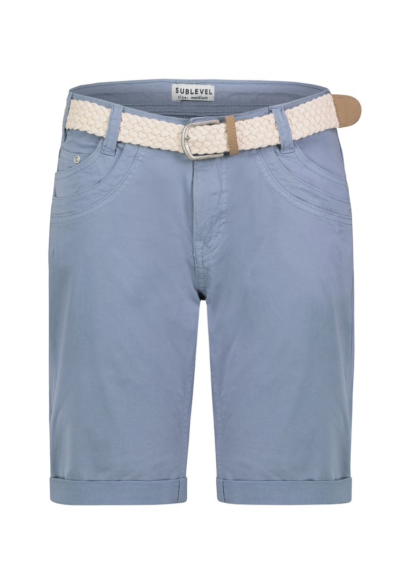 Light blue shorts made of cotton, featuring a braided beige belt, rolled cuffs, and subtle stitching details on pockets. Size medium.