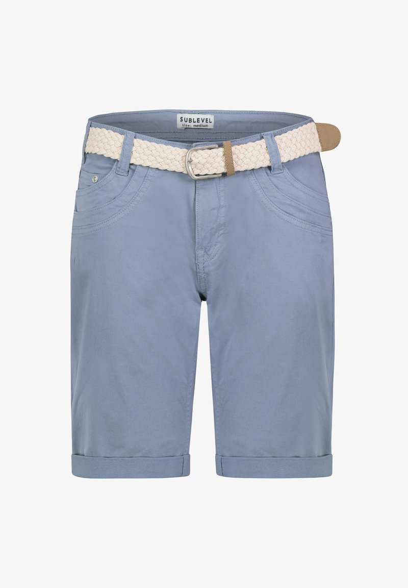 Light blue shorts made of cotton, featuring a braided beige belt, rolled cuffs, and subtle stitching details on pockets. Size medium.