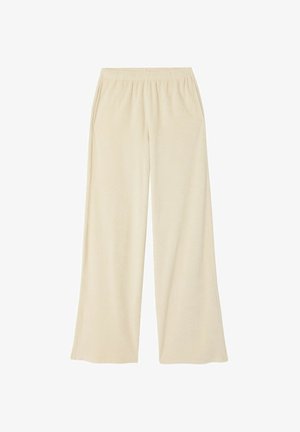 Krmilasto krem hlače z širokimi hlačnicami, teksturirano tkanino, elastičnim pasom in stranskimi žepi. Preprosta zasnova, primerna za priložnostno nošenje.