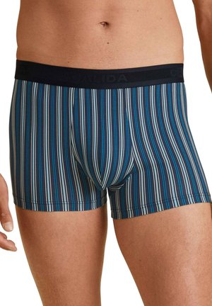 Herrenboxershorts mit einem schwarzen elastischen Bund, versehen mit vertikalen blauen und grauen Streifen auf einem dunklen Hintergrund. Weicher Stoff mit enganliegender Passform.
