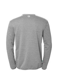 Graues Langarmshirt mit rundem Ausschnitt, das ein kleines Logo im oberen Rückenbereich und kontrastierende Schulterakzente aufweist. Glatte Textur.