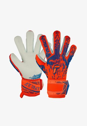 Torwarthandschuhe mit weißen Latex-Handflächen, leuchtend orangefarbener Rückseite mit blauen Akzenten, strukturierter Grip und verstellbarem Handgelenkband.