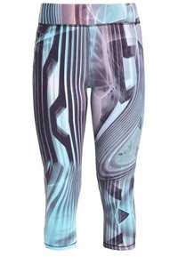 Leggings deportivos coloridos con un patrón geométrico en tonos verde azulado, negro y gris. Fabricados con un tejido elástico y suave, con una cintura de altura media.