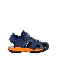Sandalia infantil azul y naranja con parte superior de malla transpirable, correa ajustable, diseño abierto y suela de goma resistente para tracción.