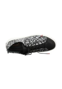 Black and gray patterned sneaker with a textured upper, smooth black leather toe, white rubber sole, and red lace accents.