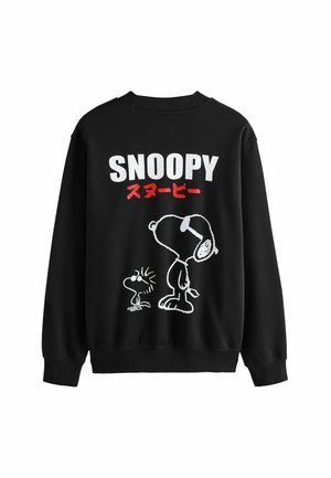 Black sweatshirt featuring a large white graphic of Snoopy and another character, with red text saying "SNOOPY" and Japanese characters.