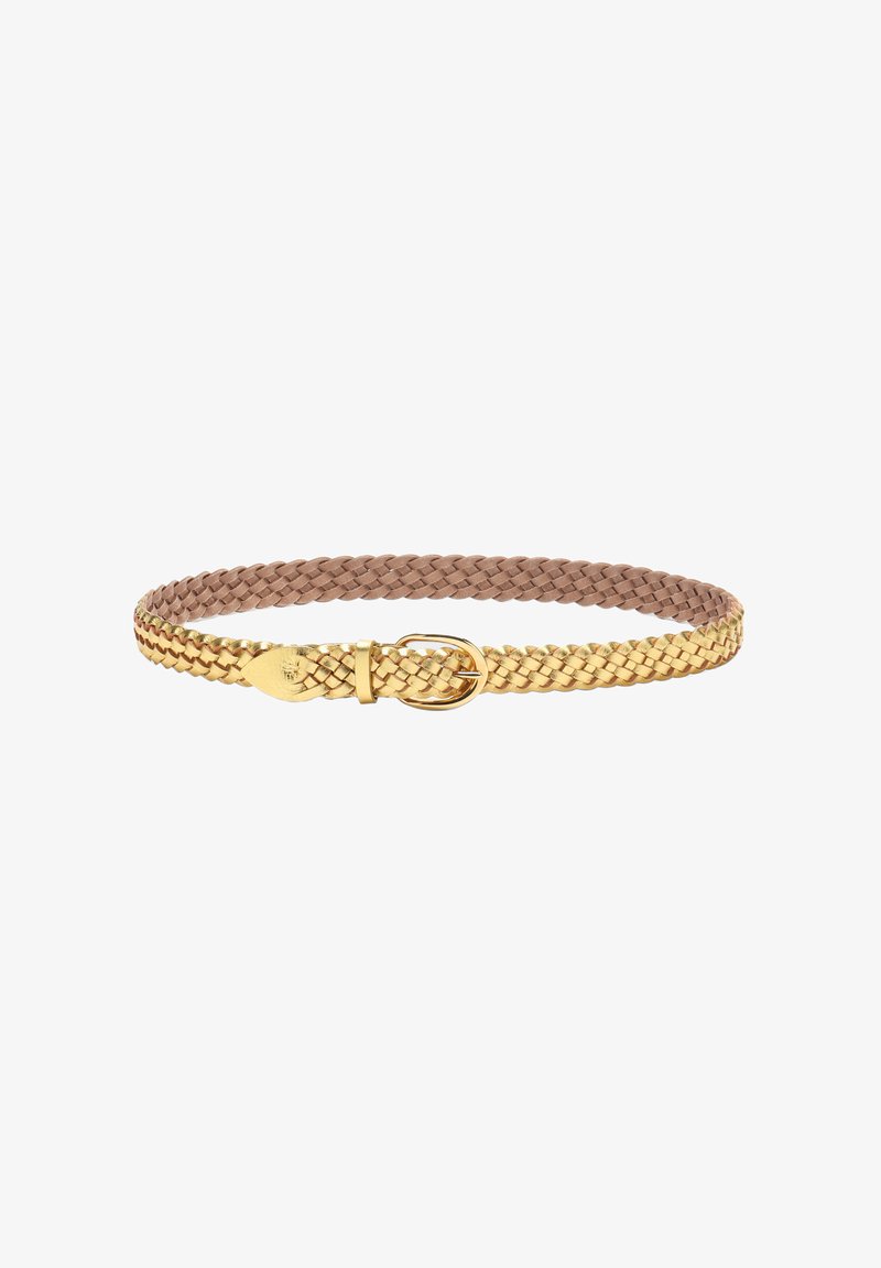 Braided leather belt with a gold-tone buckle and gold detailing on one end, displayed on a white background.