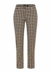 Brązowe i kremowe spodnie w kratę houndstooth o prostym kroju, z zapięciem na guzik i szlufkami na pasek. Miękka tekstura materiału.