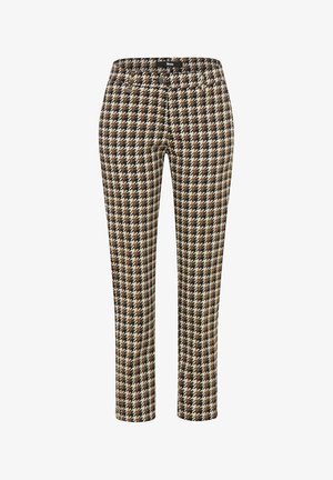 Braun- und cremefarbene Houndstooth-Musterhose mit gerader Beinform, ausgestattet mit einem Knopfverschluss und Gürtelösen. Weiche Stoffstruktur.