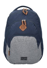 Navy and gray fabric backpack with tan leather accents, dual zippers, diamond patch, and textured lower panel. Features adjustable straps.