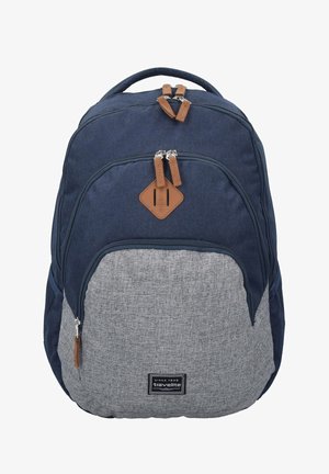 Navy and gray fabric backpack with tan leather accents, dual zippers, diamond patch, and textured lower panel. Features adjustable straps.