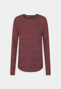 Viininpunainen pitkähihoinen pusero, valmistettu teksturoidusta neulekankaasta. Ominaisuuksiin kuuluu pyöreä pääntie ja pyöristetty helma, jossa on hienovaraisia kuviovariaatioita.